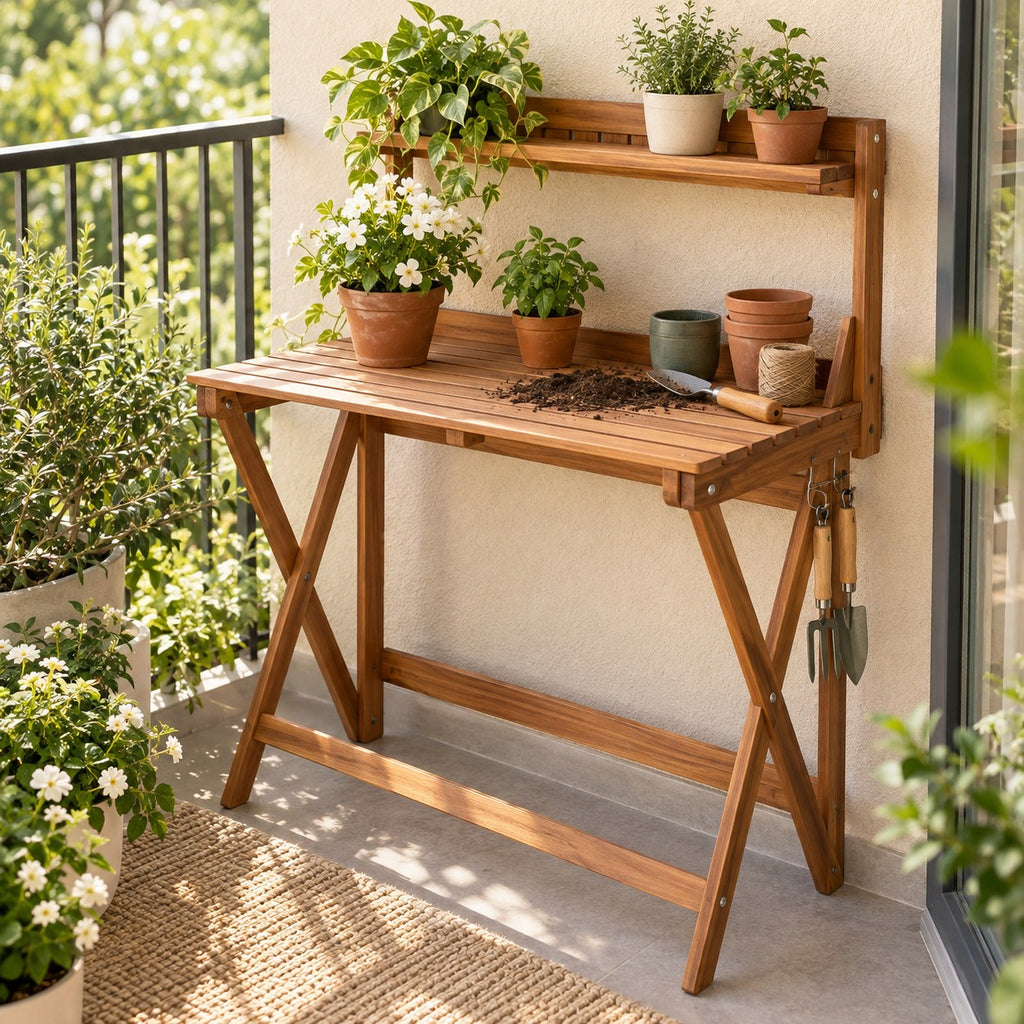 Folding Acacia Potting Bench — Detail view