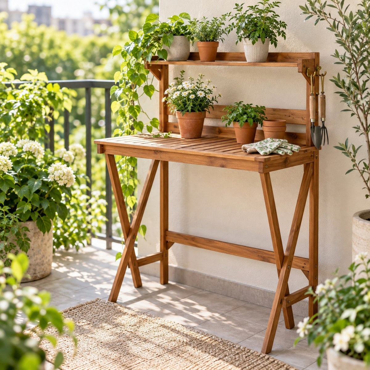 Folding Acacia Potting Bench — Lifestyle scene
