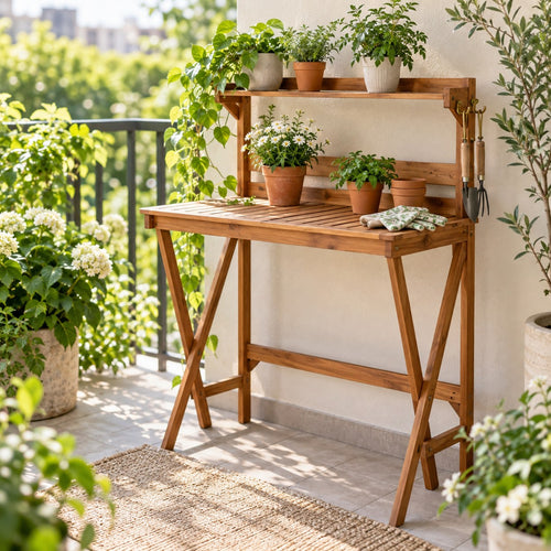 Folding Acacia Potting Bench — Lifestyle scene